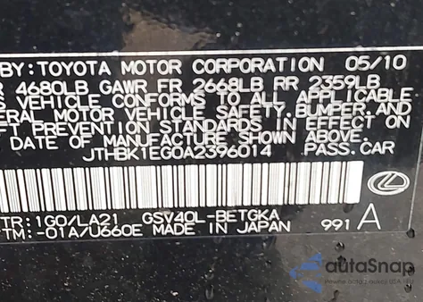 2010 Lexus Es 350 z USA, uszkodzony, nr VIN JTHBK1EG0A2396014